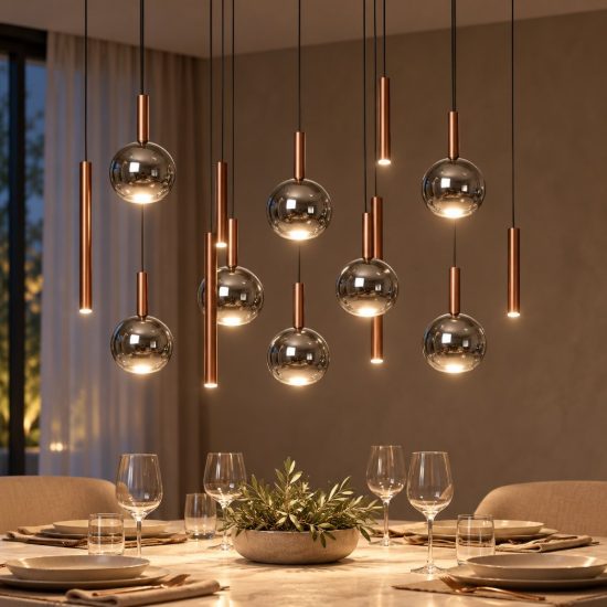Lampadario con 14 pendenti ovale per sala da pranzo rame fume led 61,6w cct 2200k 2700k 3300k