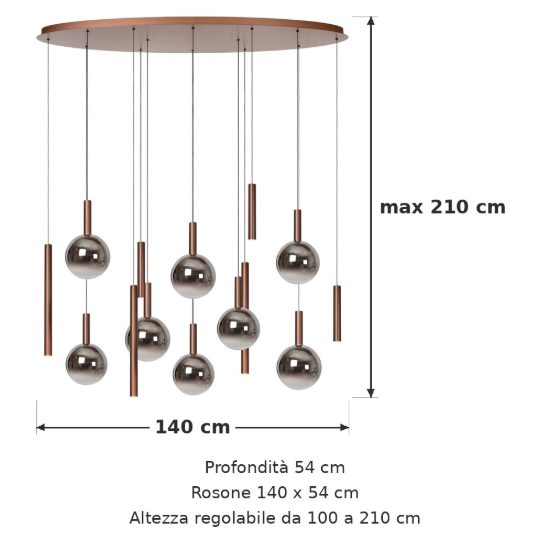 Lampadario con 14 pendenti ovale per sala da pranzo rame fume led 61,6w cct 2200k 2700k 3300k