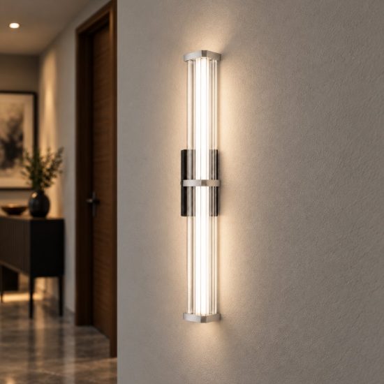 Applique da parete led 7w 2700k dimmerabile per soggiorno moderna trasparente e nichel satinato