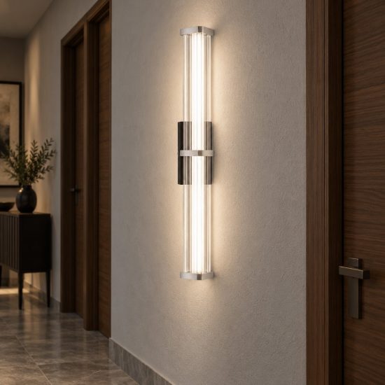 Applique da parete led 7w 2700k dimmerabile per soggiorno moderna trasparente e nichel satinato