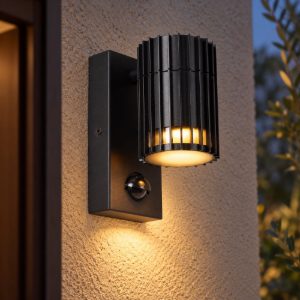 Applique da esterno a cilindro rigato nero ip44 con sensore di movimento crepuscolare