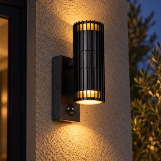 Applique da esterno biemissione a cilindro rigato nero ip44 con sensore di movimento crepuscolare