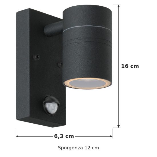 Applique da esterno nero led 5w 2700k ip44 con sensore di movimento crepuscolare