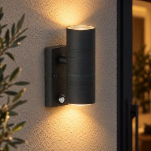 Applique da esterno biemissione nero led 10w 2700k ip44 con sensore di movimento crepuscolare