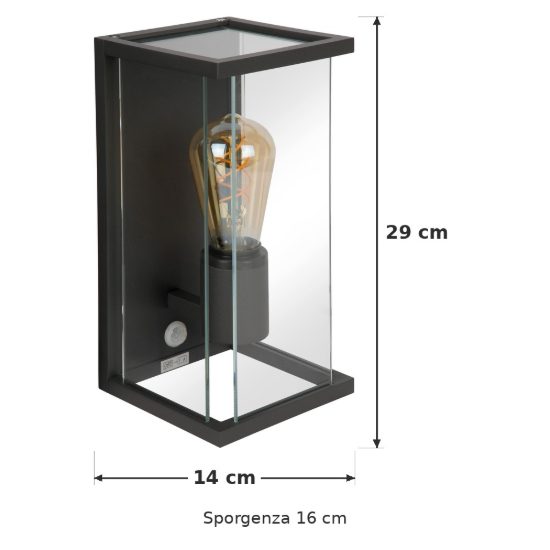 Applique da esterno a lanterna moderna antracite ip54 con sensore di movimento crepuscolare