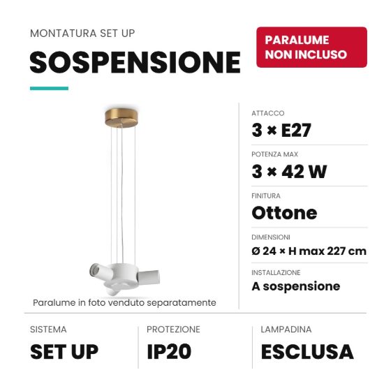 Ideal lux set up montatura per lampadario 3 luci e27 24cm ottone senza paralume