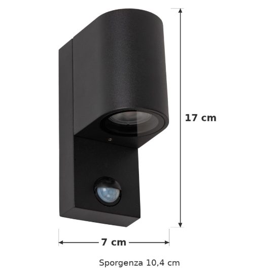 Applique da esterno semicilindrica nero ip65 con sensore di movimento crepuscolare