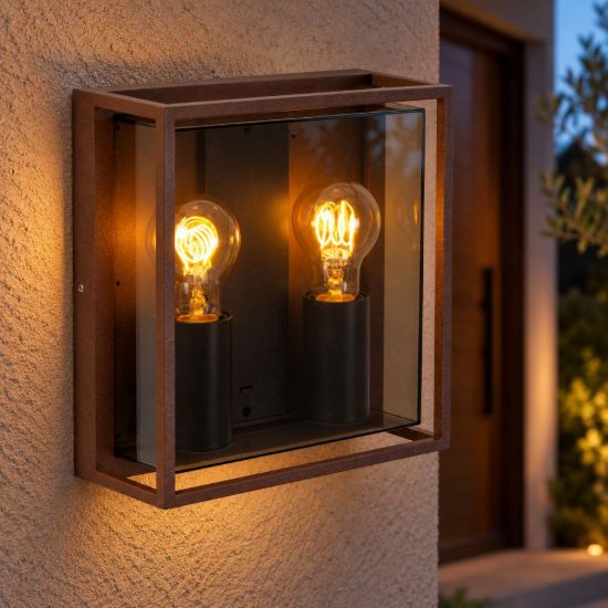 Applique da esterno a lanterna doppia con cornice moderna marrone ruggine fume ip65