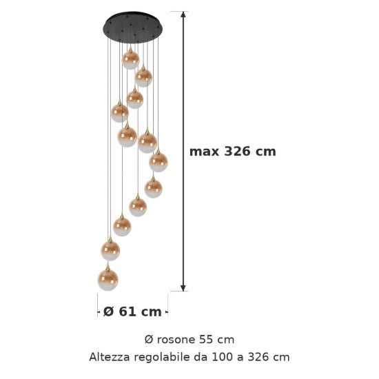 Lampadario con 12 pendenti a spirale per sala da pranzo contemporaneo ambra nero led 42w 2700k