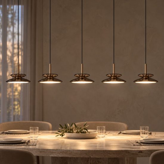 Lampadario con 5 pendenti lineare per sala da pranzo ambra champagne led 50w cct 2700k 3300k 4000k
