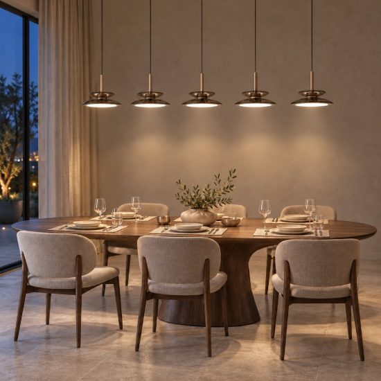 Lampadario con 5 pendenti lineare per sala da pranzo ambra champagne led 50w cct 2700k 3300k 4000k