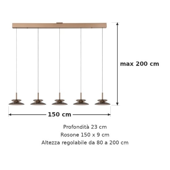 Lampadario con 5 pendenti lineare per sala da pranzo ambra champagne led 50w cct 2700k 3300k 4000k