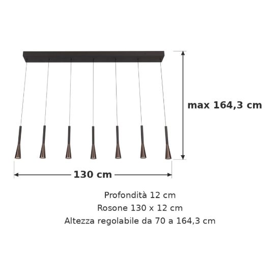 Lampadario con 7 pendenti lineare per sala da pranzo caffe nero led 43,4w cct 2700k 3300k 4000k
