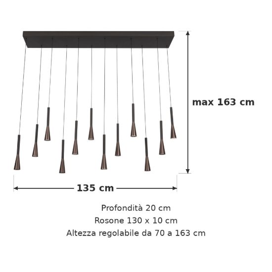 Lampadario con 12 pendenti a cascata per sala da pranzo caffe nero led 84w cct 2700k 3300k 4000k