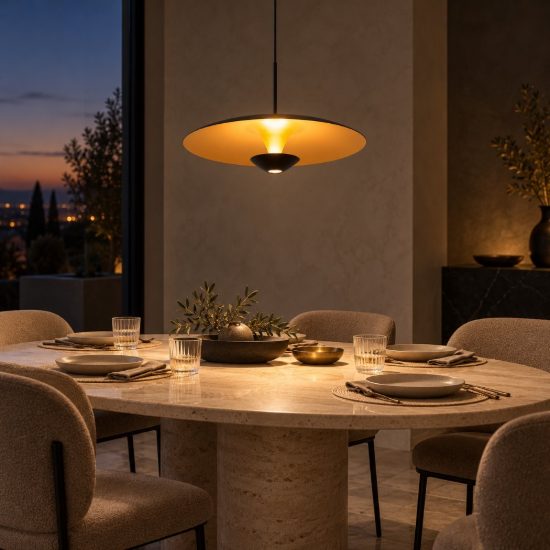 Lampadario a sospensione a disco per sala da pranzo contemporaneo nero oro led 12w 2700k