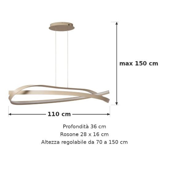Lampadario a sospensione a onda per soggiorno moderno tortora led 46w cct 2200k 2700k 3000k
