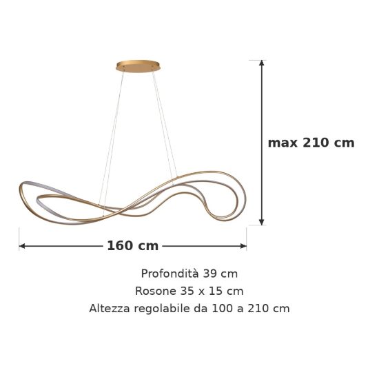 Lampadario a sospensione a onda per sala da pranzo contemporaneo oro led 54w 2700k