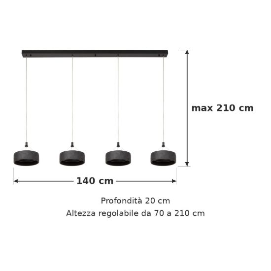 Lampadario con 4 pendenti lineare per soggiorno moderno nero led 40w cct 2200k 2700k 3300k
