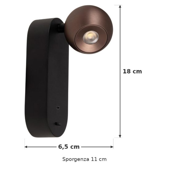 Applique per comodino camera da letto moderna grigio ferro led 6w cct 2700k 4000k