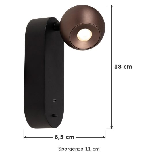 Applique per comodino camera da letto moderna caffe nero led 6w cct 2700k 4000k
