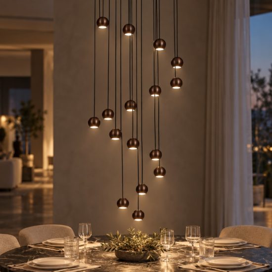 Lampadario con 16 pendenti a cascata caffe nero led 91,2w cct 2700k 4000k con telecomando