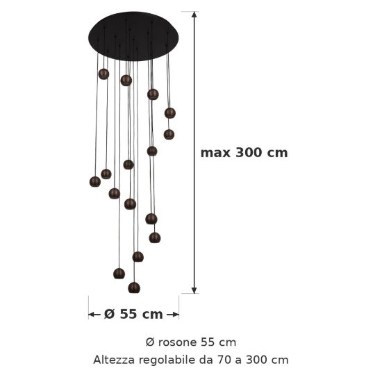 Lampadario con 16 pendenti a cascata caffe nero led 91,2w cct 2700k 4000k con telecomando