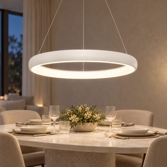 Lampadario a sospensione ad anello led 80w 3000k dimmerabile per sala da pranzo bianco sabbiato