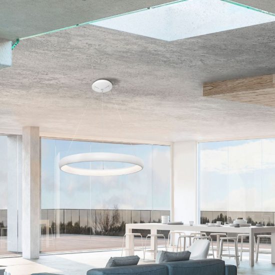 Lampadario a sospensione ad anello led 80w 3000k dimmerabile per sala da pranzo bianco sabbiato