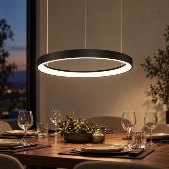Lampadario a sospensione ad anello led 38w 2700k dimmerabile per soggiorno moderno nero sabbiato