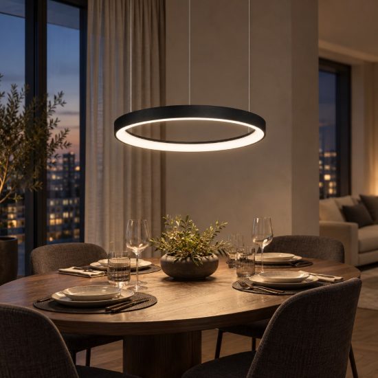 Lampadario a sospensione ad anello led 38w 2700k dimmerabile per soggiorno moderno nero sabbiato