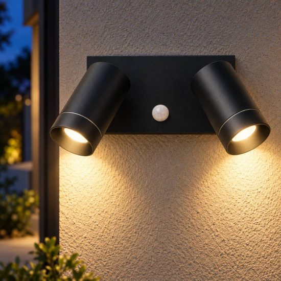 Applique da esterno con 2 faretti orientabili moderna nero ip54 con sensore di movimento