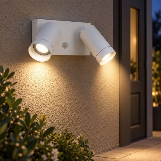 Applique da esterno con 2 faretti orientabili moderna bianco ip54 con sensore di movimento