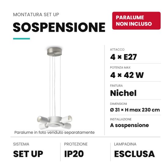 Ideal lux set up montatura per lampadario 4 luci e27 31cm nichel senza paralume