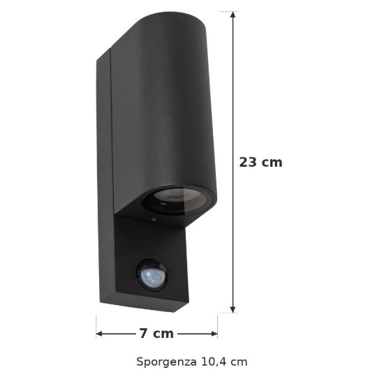 Applique da esterno biemissione semicilindrica nero ip65 con sensore di movimento crepuscolare