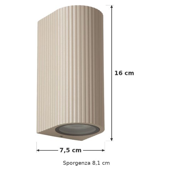Applique da esterno biemissione semicilindrica rigata moderna tortora ip65