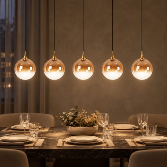 Lampadario con 5 pendenti lineare per sala da pranzo contemporaneo ambra nero led 20w 2700k