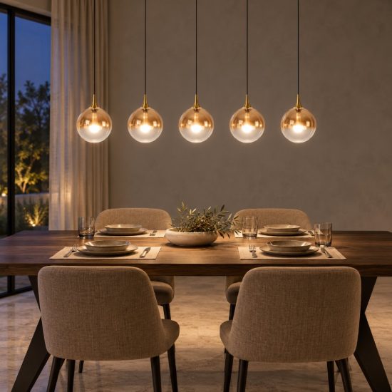 Lampadario con 5 pendenti lineare per sala da pranzo contemporaneo ambra nero led 20w 2700k