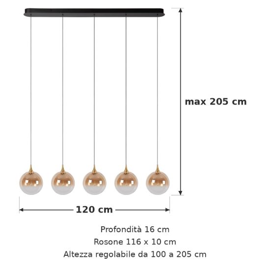 Lampadario con 5 pendenti lineare per sala da pranzo contemporaneo ambra nero led 20w 2700k