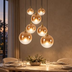 Lampadario con 7 pendenti a grappolo per sala da pranzo contemporaneo ambra nero led 42w 2700k