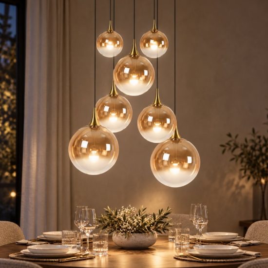 Lampadario con 7 pendenti a grappolo per sala da pranzo contemporaneo ambra nero led 42w 2700k