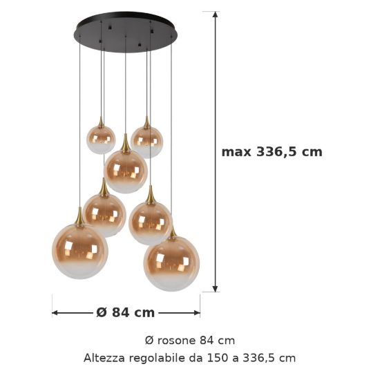 Lampadario con 7 pendenti a grappolo per sala da pranzo contemporaneo ambra nero led 42w 2700k