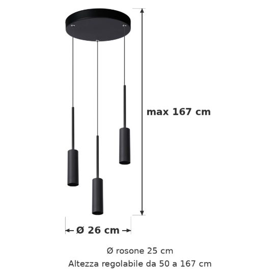 Lampadario a sospensione con 3 pendenti per sala da pranzo moderno nero led 21w 2700k