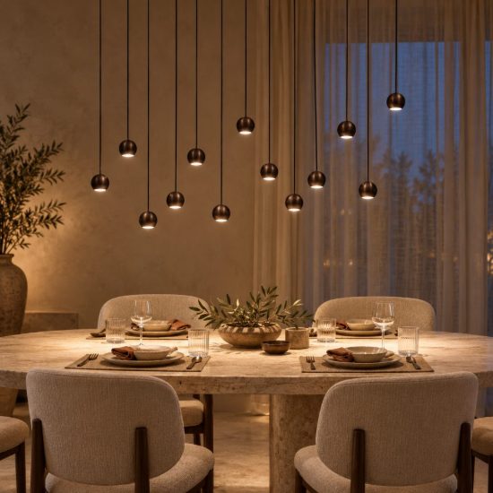 Lampadario con 13 pendenti lineare caffe nero led 74,1w cct 2700k 4000k con telecomando