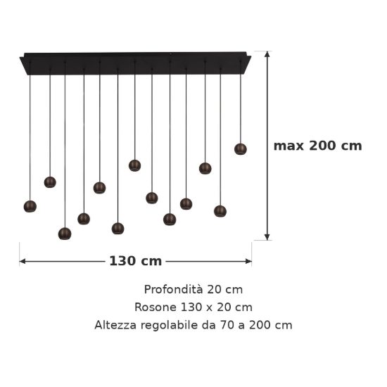 Lampadario con 13 pendenti lineare caffe nero led 74,1w cct 2700k 4000k con telecomando