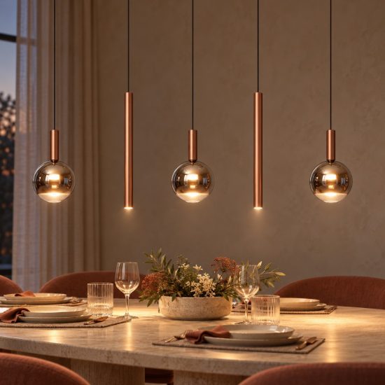 Lampadario con 5 pendenti lineare per sala da pranzo rame fume led 20w cct 2200k 2700k 3300k
