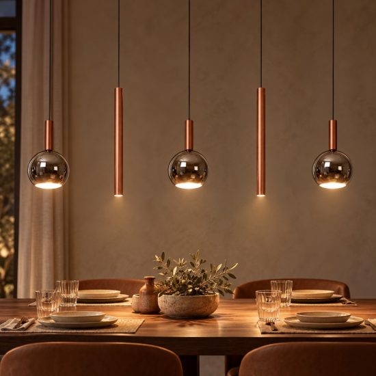 Lampadario con 5 pendenti lineare per sala da pranzo rame fume led 20w cct 2200k 2700k 3300k
