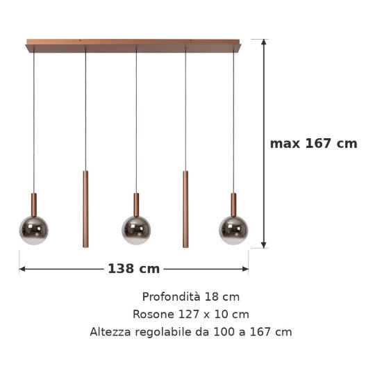 Lampadario con 5 pendenti lineare per sala da pranzo rame fume led 20w cct 2200k 2700k 3300k