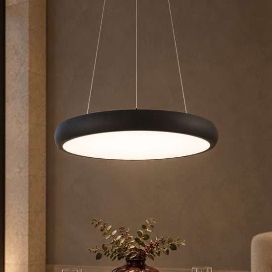 Lampadario a sospensione ad anello led 32w 3000k dimmerabile per ingresso nero sabbiato