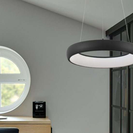 Lampadario a sospensione ad anello led 32w 3000k dimmerabile per ingresso nero sabbiato