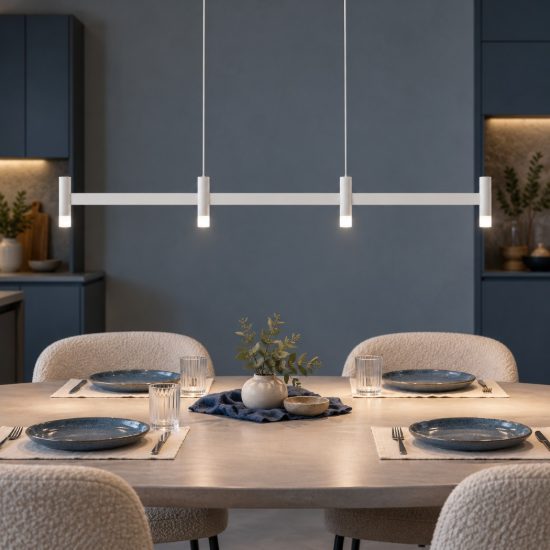 Lampadario a sospensione lineare a 4 luci led 17w 3000k dimmerabile per cucina bianco sabbiato